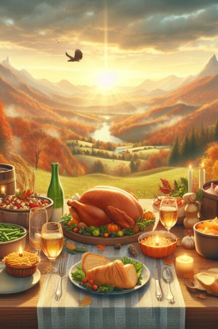 A heartwarming Village Friendsgiving feast spread across a table with a New England sunset in the background.