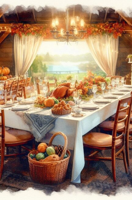 A Friendsgiving table set with a feast in a large autumn-decorated barn, illuminated by soft lighting.