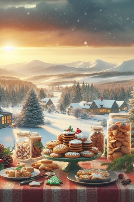 A festive cookie exchange table set against the backdrop of Cranbrier Village and the New England mountains at sunset, symbolizing the heartwarming legacy of Miss Leanor Snowberry.