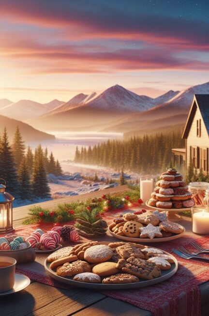 A captivating cookie exchange table adorned with festive delights against the backdrop of mountains at sunrise sets the scene for a magical gathering.